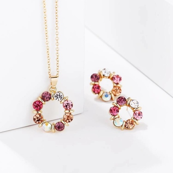 🆕 Multicolor Crystal Rhinestone Gold Circle Necklace Earrings & Pendant … - Picture 3 of 5